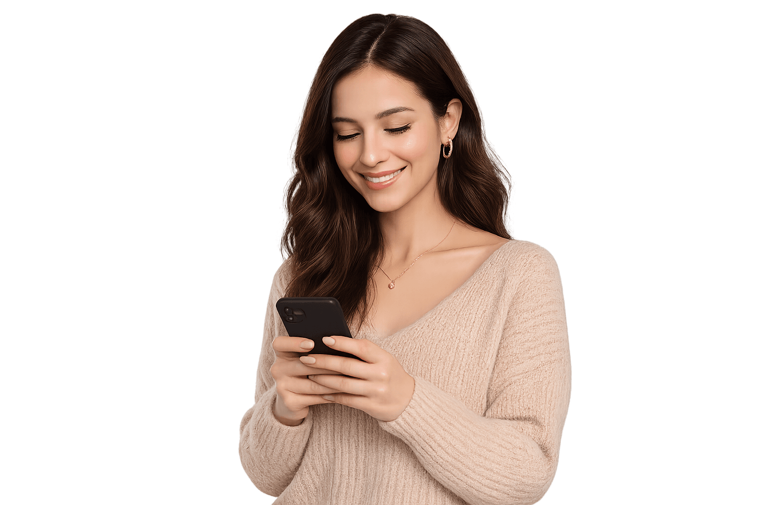 Woman smiling while using her phone